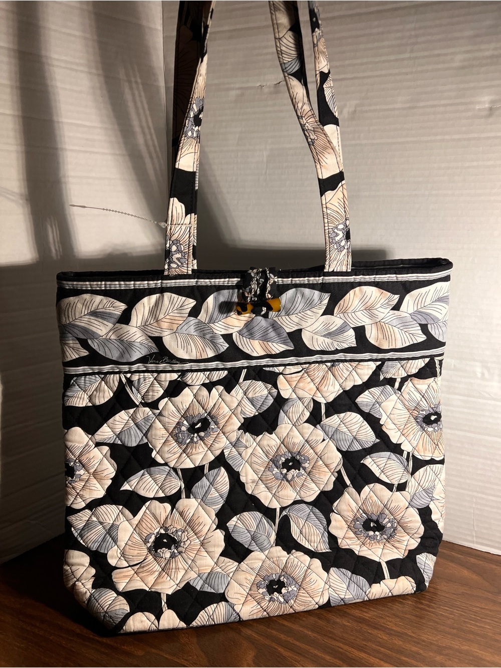 Vera Bradley Quilted Floral Tote Bag in Black and Cream
